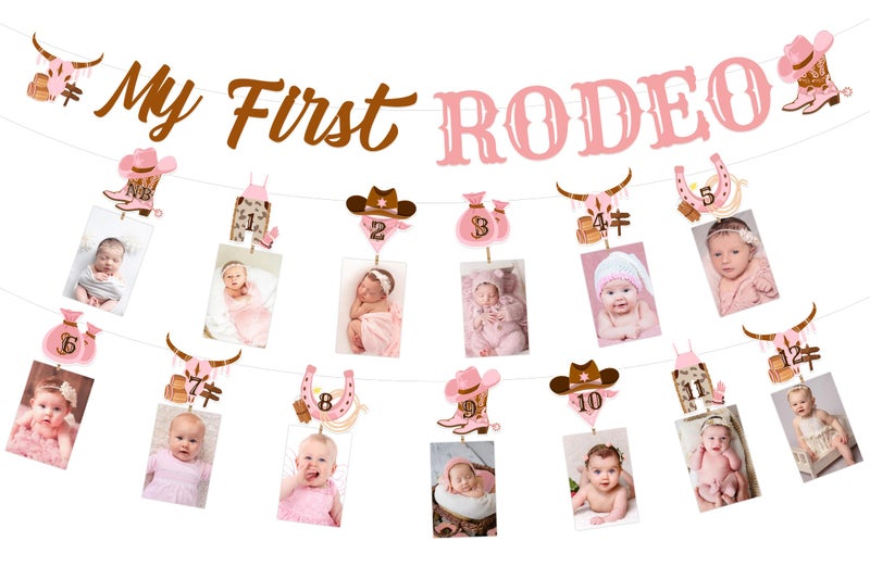 Cheereveal لافتة صور من Cheereveal My First Rodeo أكاليل الرايات للفتيات - ديكورات حفلات عيد الميلاد الأول بموضوع الغرب المتوحش، لوازم أعياد ميلاد راعية البقر الغربية من حديثي الولادة حتى 12 شهرًا - Image 1